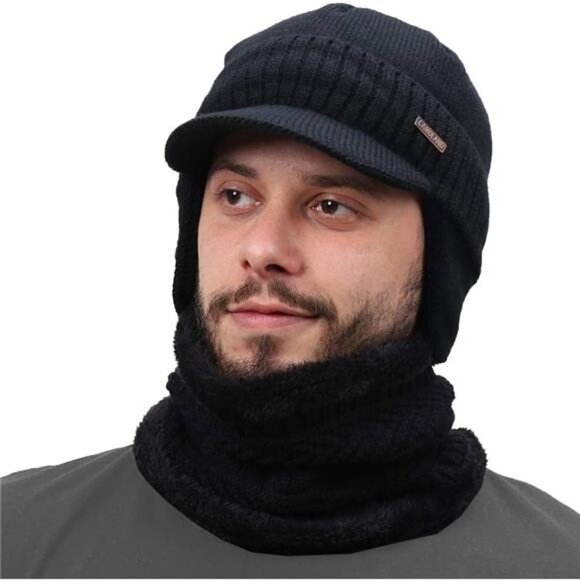 Winter Beanie w/Visor & Earflaps for Men Outdoor Fleece Hat Scarf Set - Picture 1 of 7